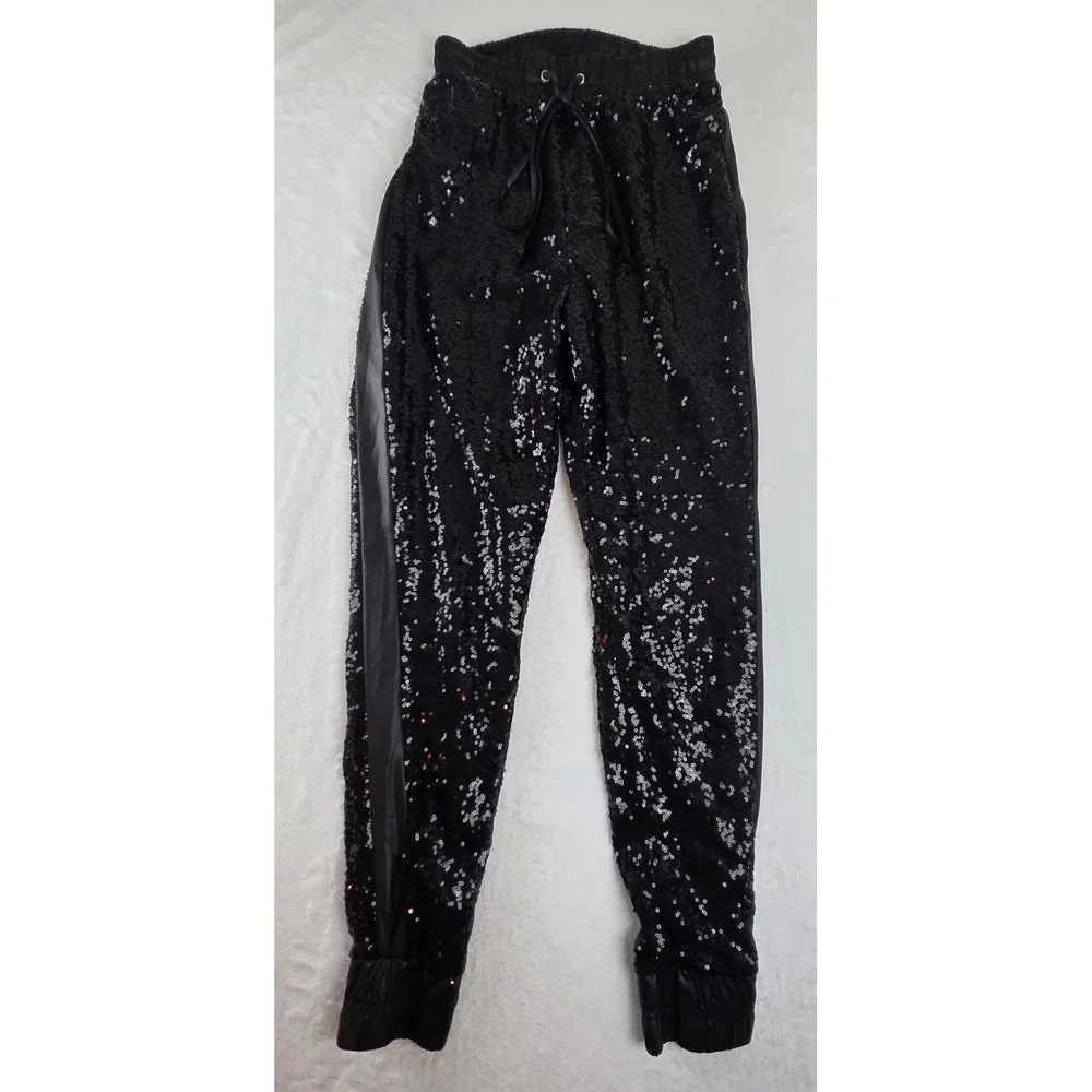 Black Sequin Joggers Womens‎ Medium Party Pants Faux Leather Trim Drawstring
